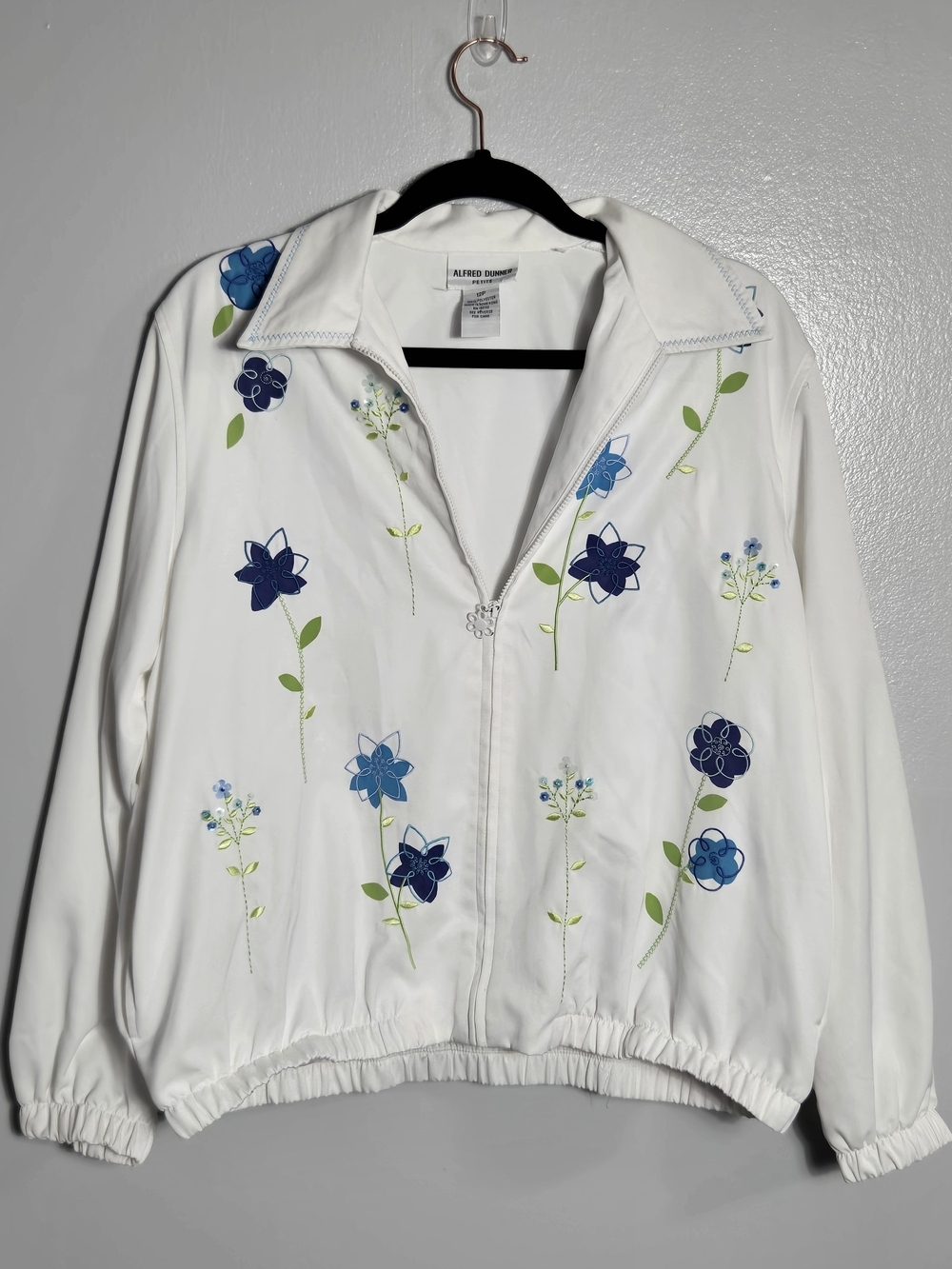 Alfred Dunner White Floral Windbreaker Jacket 12P Large Petite Blue Embroidered